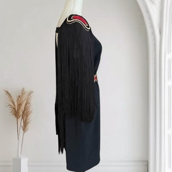 Vtg La Perla Black Beaded Epaulet Long Fringe Scoop Open Back Dress IT 44 US 8 - Picture 10 of 15